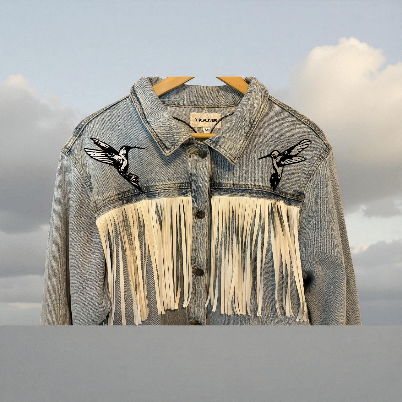 Vigoss Denim Jacket with White Fringe & Denim on Denim added Flowers