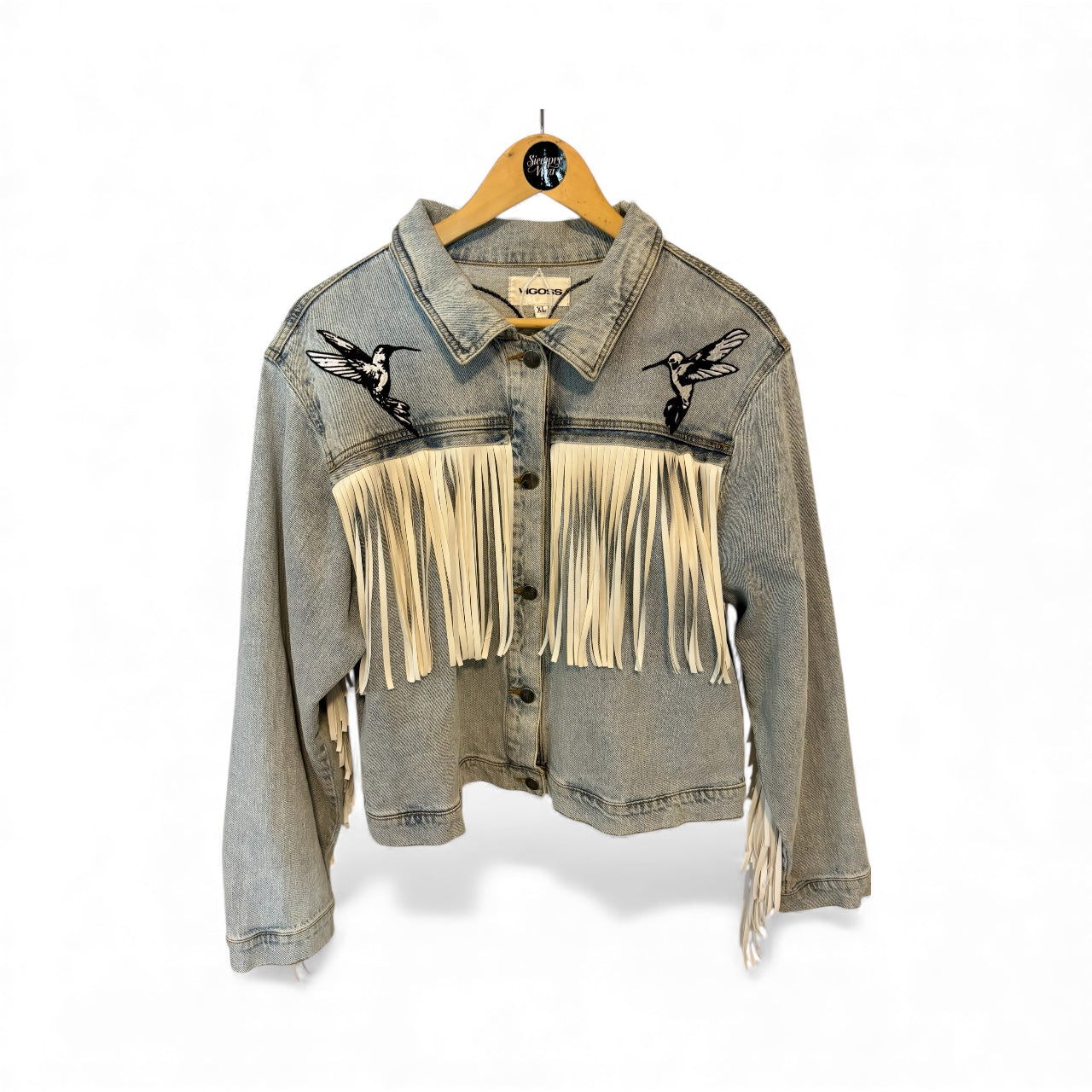 Vigoss Denim Jacket with White Fringe & Denim on Denim added Flowers