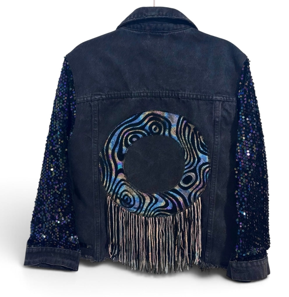 The Story Of The Ghost Fabrik Black Denim Jacket with Sequin Sleeves
