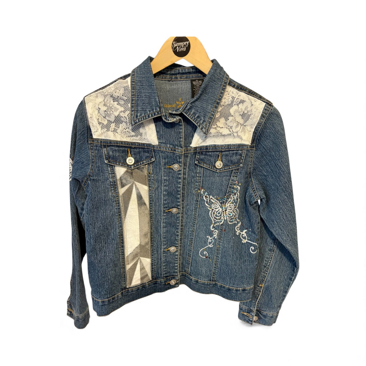 Arizona Jeans Company Denim Jacket with Silver Butterfly and Bedazzle Embellishments