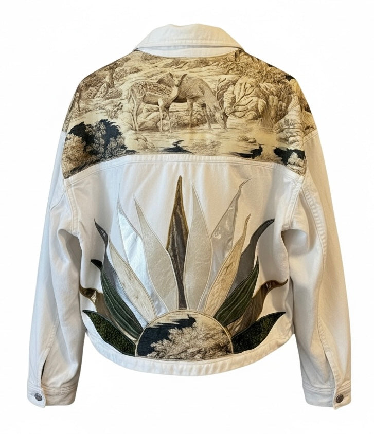 Magical Forest Woodland Creatures Upcycled Gap White Denim Jacket