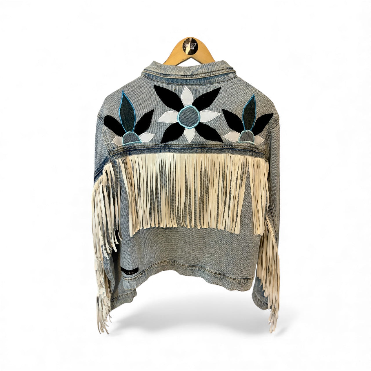 Vigoss Denim Jacket with White Fringe & Denim on Denim added Flowers