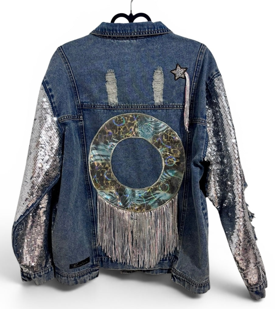 The Silver Light Macaron Denim Jacket with Sequin Sleeves