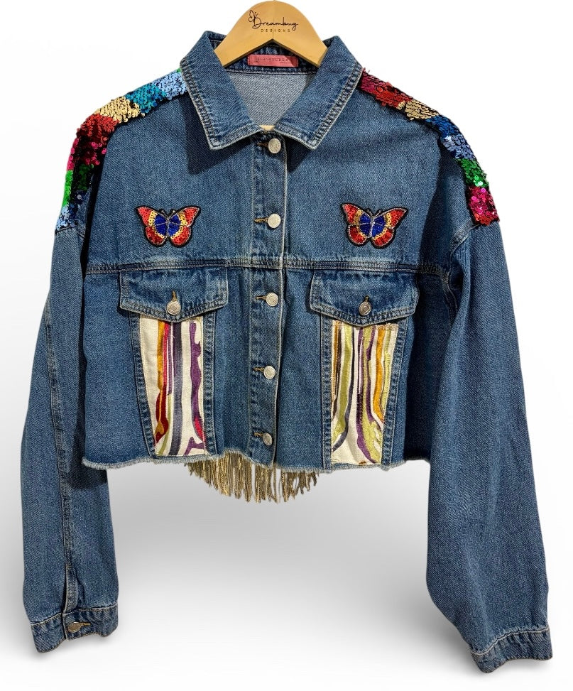 Little Wing Sequin Signature 8 Cropped Denim Jacket