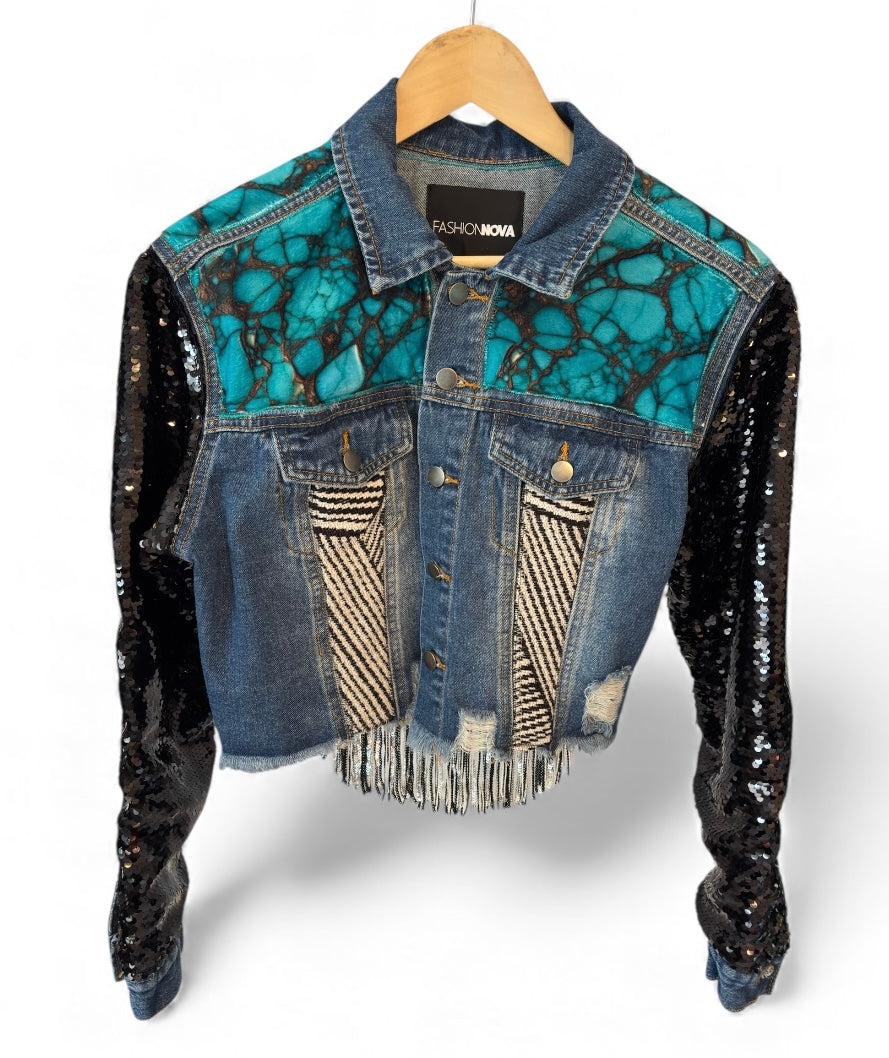 Phish Inspired Fashion Nova Cropped Denim Jacket with Sequin Sleeves