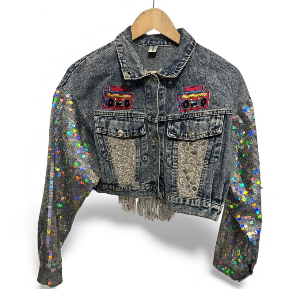 Meiyige Cropped Funky Bitch Denim Jacket with Sequin Sleeves