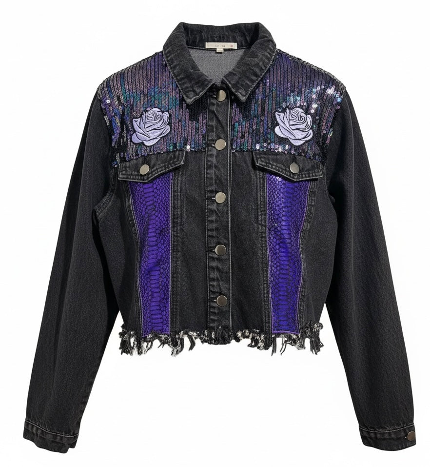 Purple Rain On Me Le Lis Black Denim Jacket with Sequins
