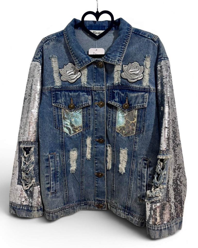 The Silver Light Macaron Denim Jacket with Sequin Sleeves