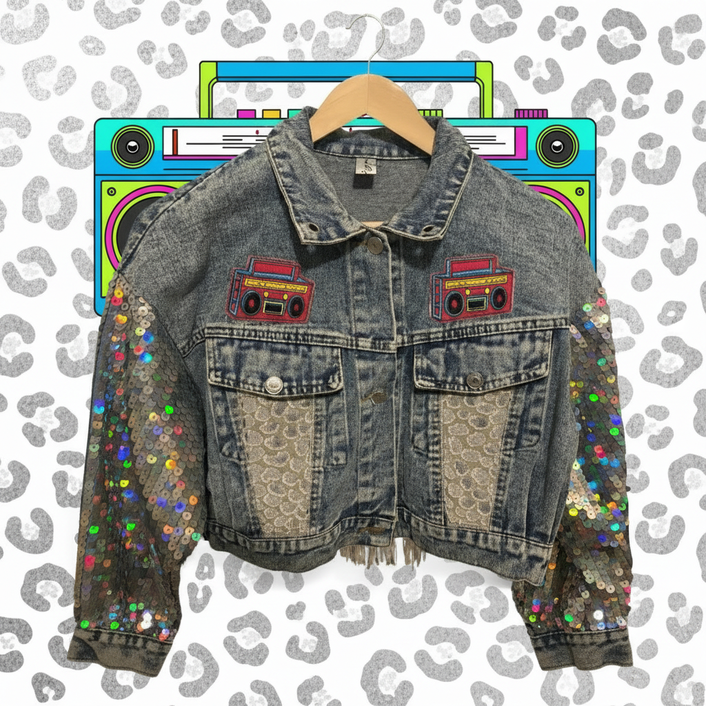 Meiyige Cropped Funky Bitch Denim Jacket with Sequin Sleeves