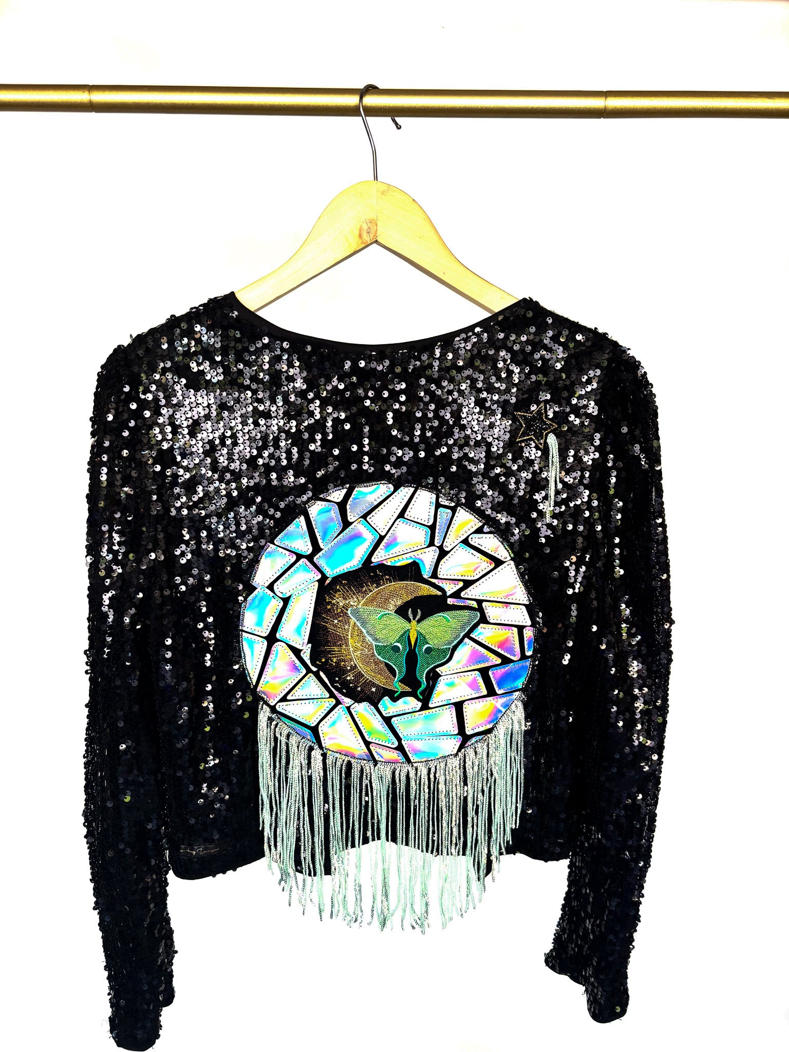 Lunar Moth Inspired Black Sequin Open Jacket