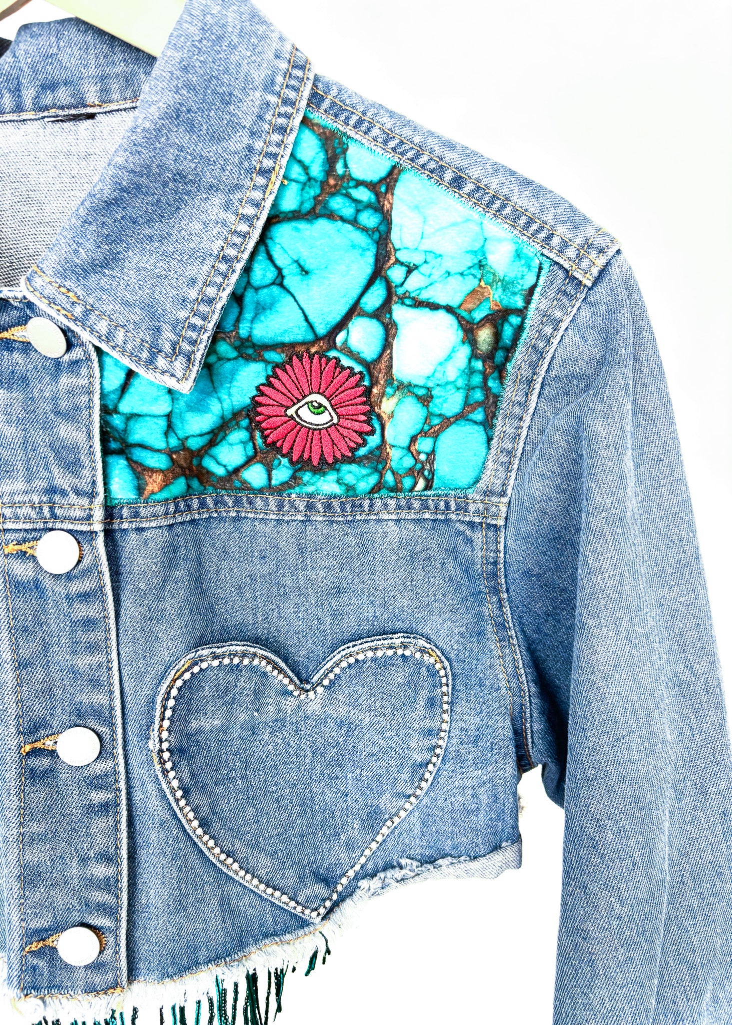 Billy Strings Upcycyled Cropped Denim Jacket with Rhinestone Heart Pockets