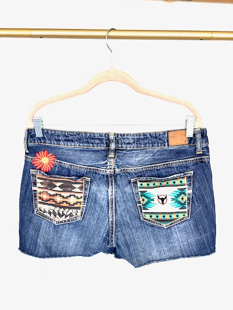 American Eagle Red Daisy Denim Shorts
