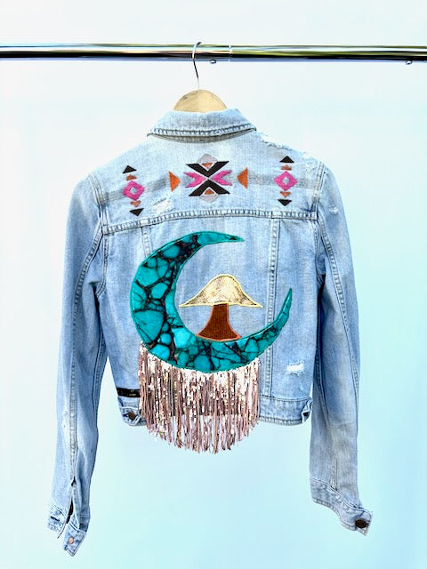 Mushroom & Moon Inspired American Eagle Denim Jacket with Embroidery