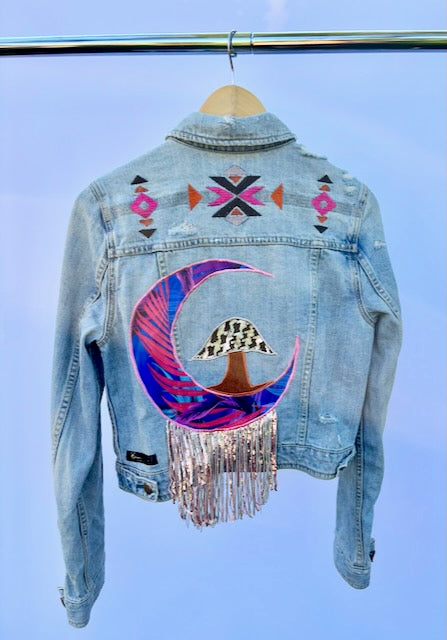 Mushroom & Moon Inspired American Eagle Denim Jacket with Embroidery
