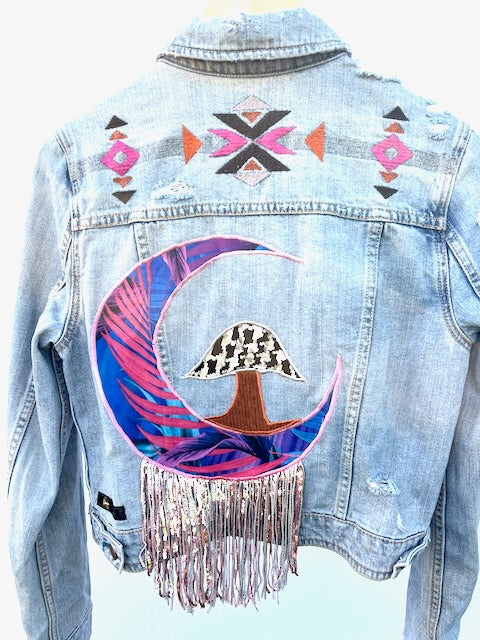 Mushroom & Moon Inspired American Eagle Denim Jacket with Embroidery