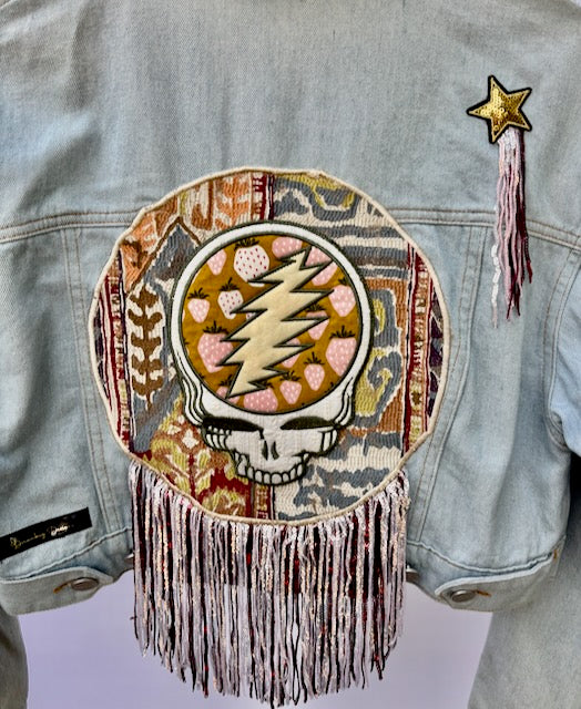 Grateful Dead Inspired Forever 21 Denim Jacket with Rainbow Striped Sleeves