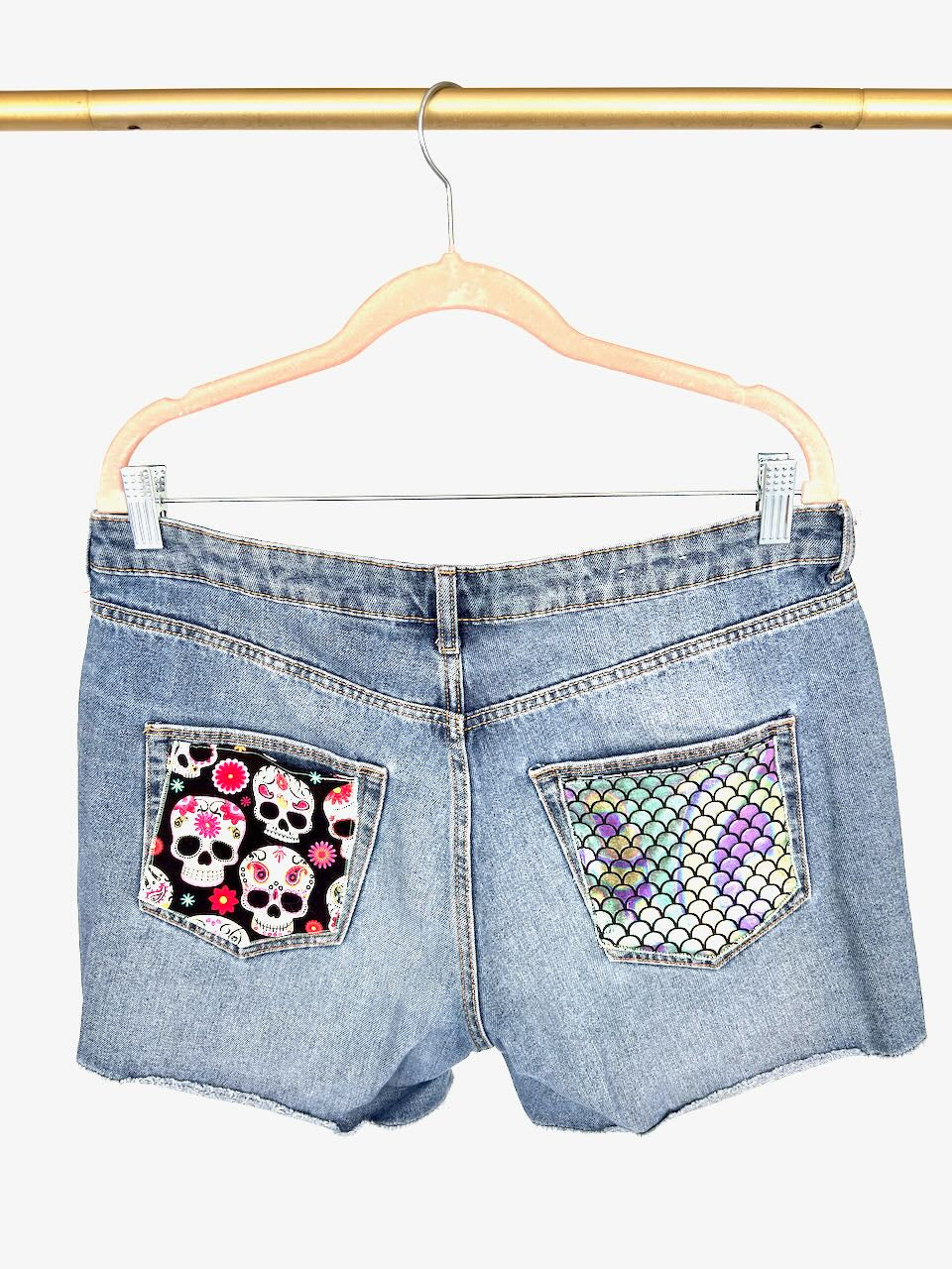 Sugar Skull & Mermaid Denim Shorts