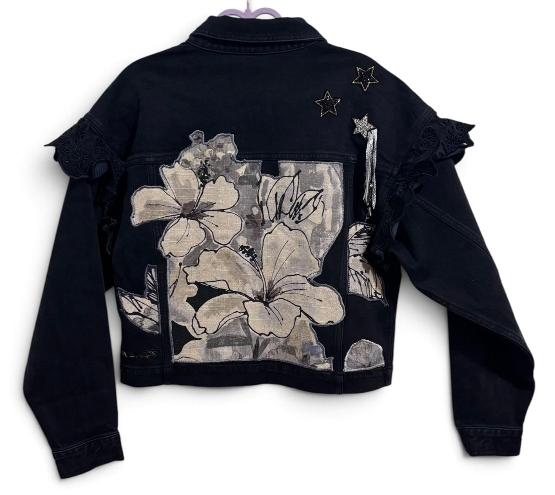 Pretty Young Thing Something Navy Black Denim Jacket with Ruffle Shoulders