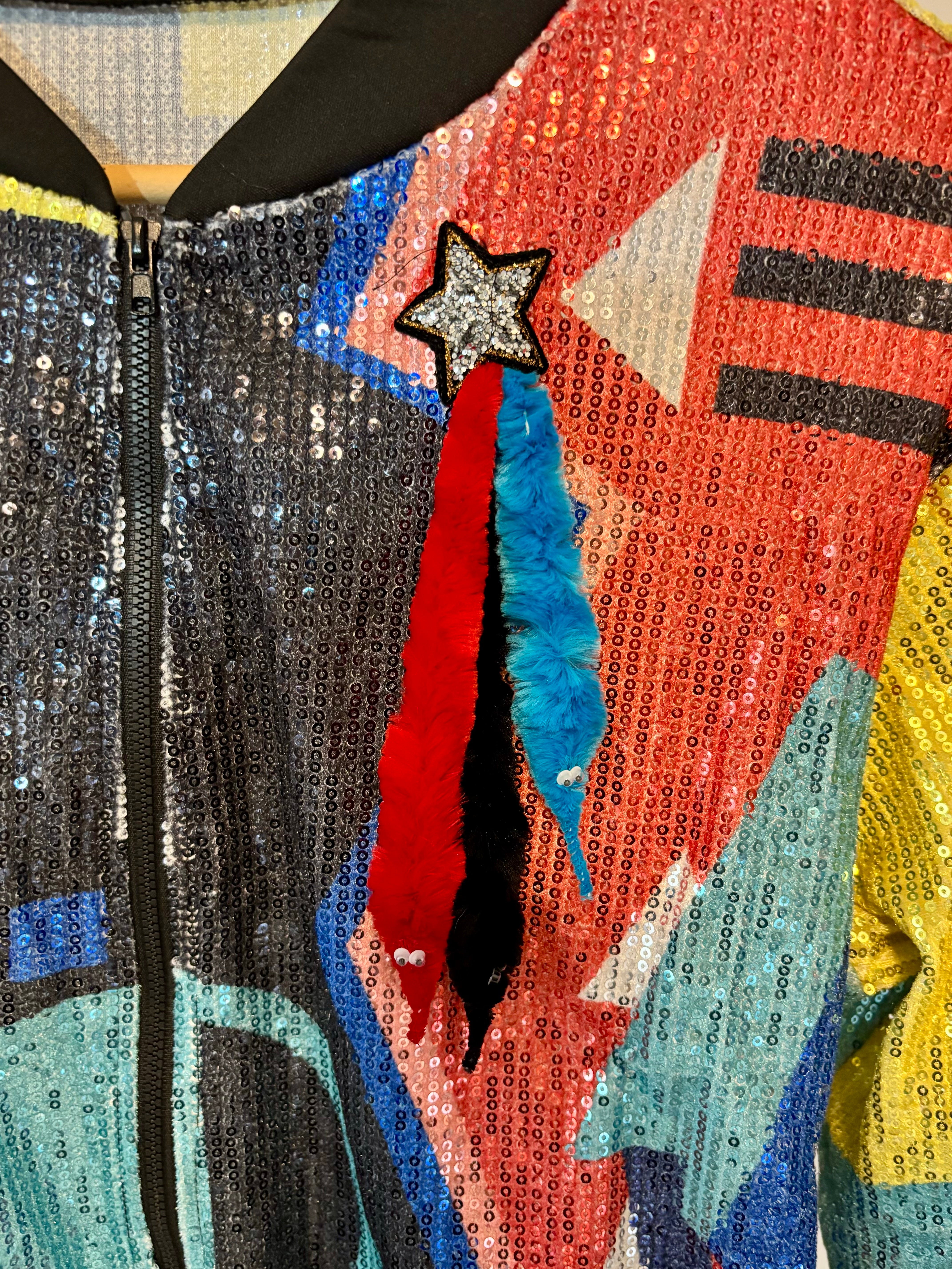 Sequin Bomber with added Stars & Worms on a String Fringe