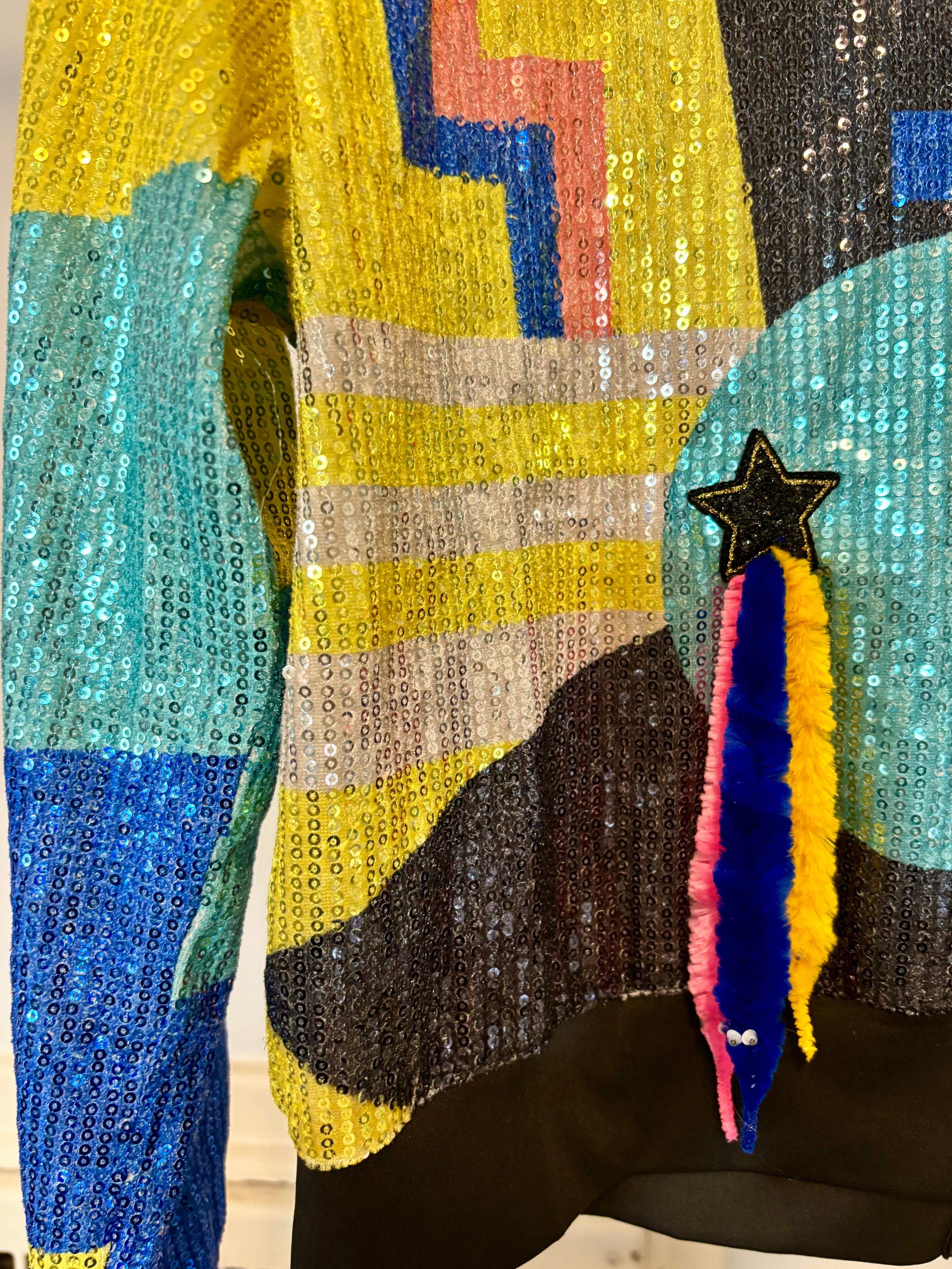 Sequin Bomber with added Stars & Worms on a String Fringe