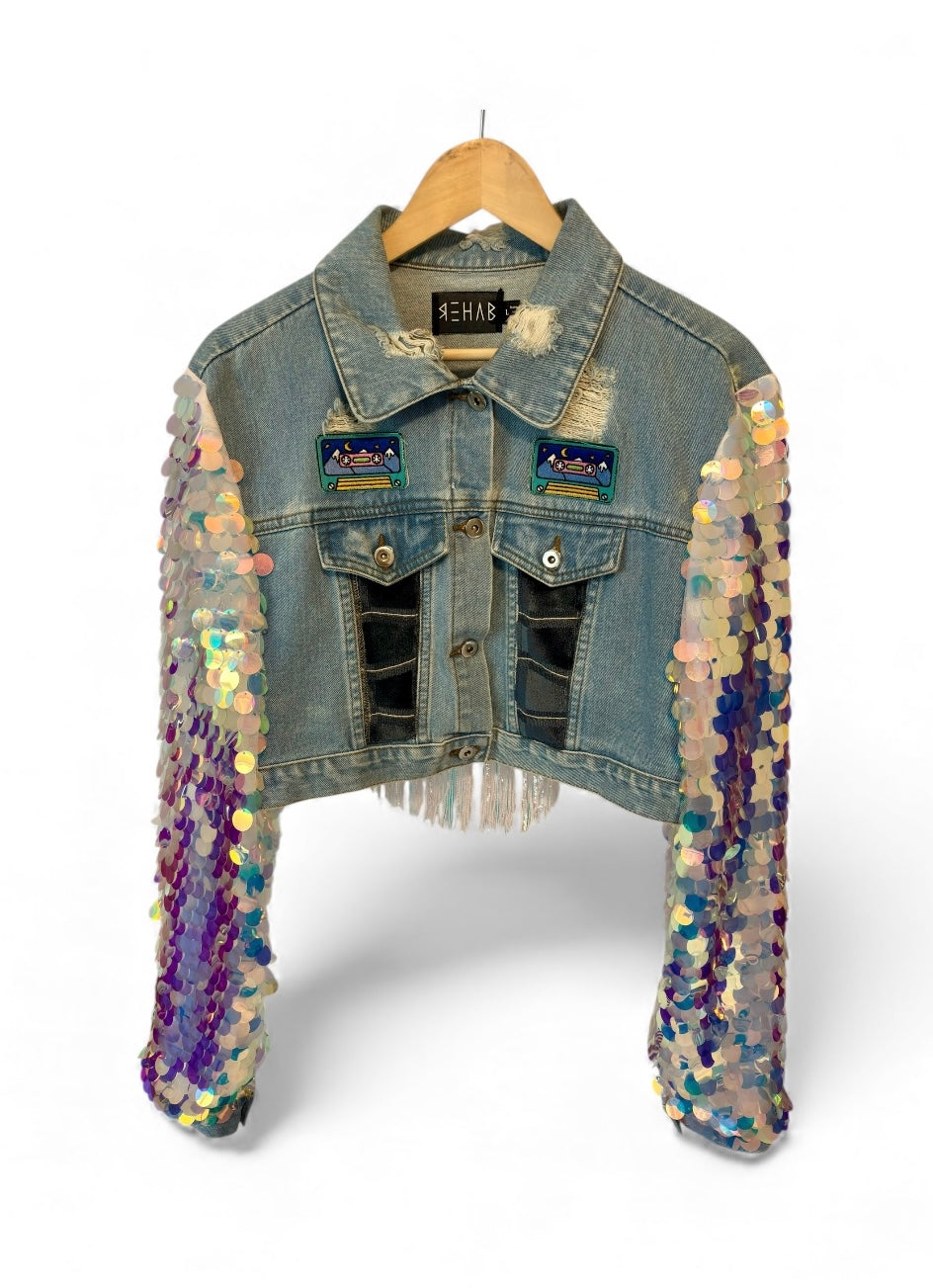 Rehab Large Sequin Sleeve Cropped Denim Jacket