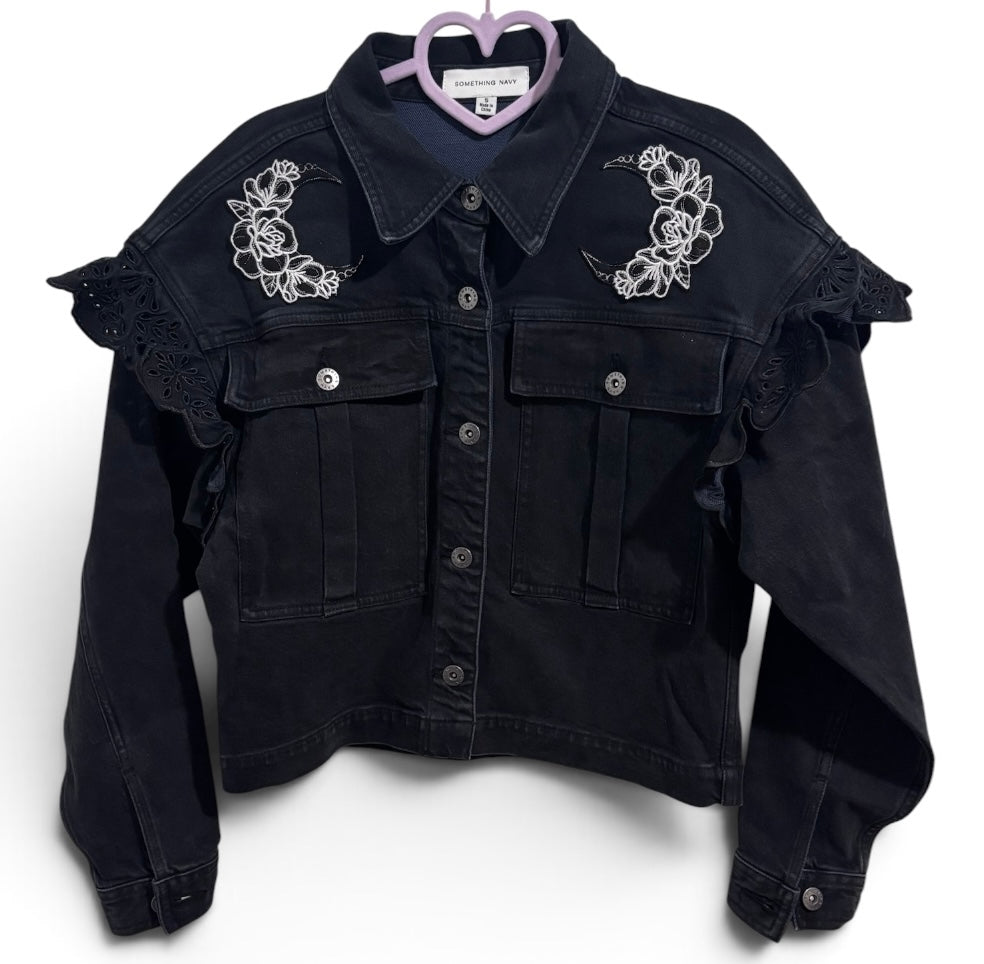 Pretty Young Thing Something Navy Black Denim Jacket with Ruffle Shoulders