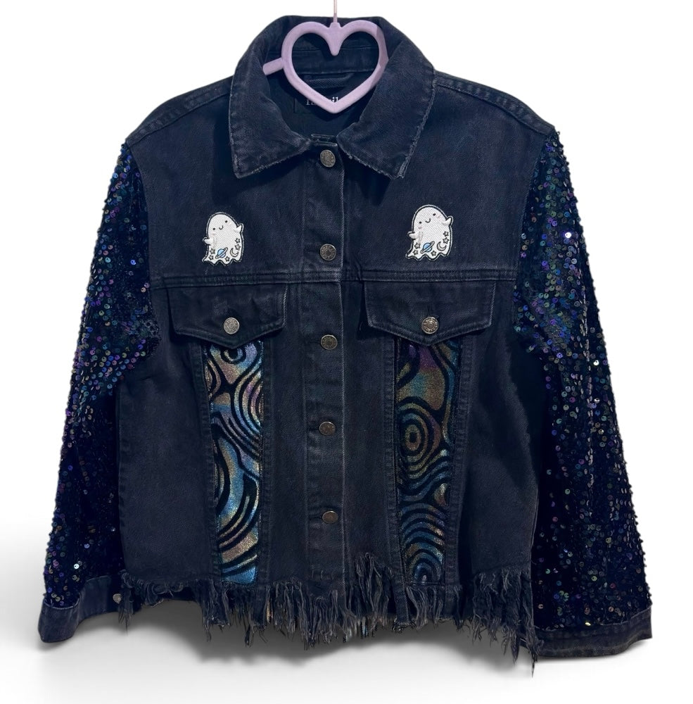 The Story Of The Ghost Fabrik Black Denim Jacket with Sequin Sleeves