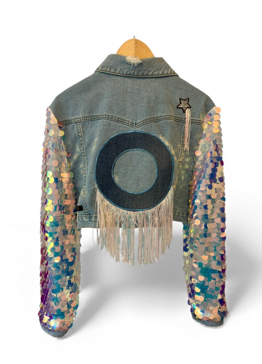 Rehab Large Sequin Sleeve Cropped Denim Jacket