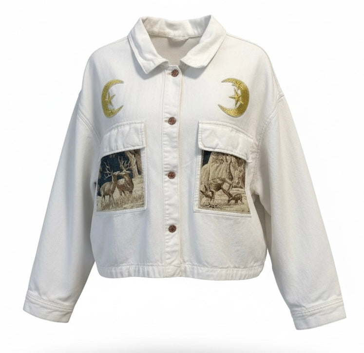 Magical Forest Woodland Creatures Upcycled Gap White Denim Jacket