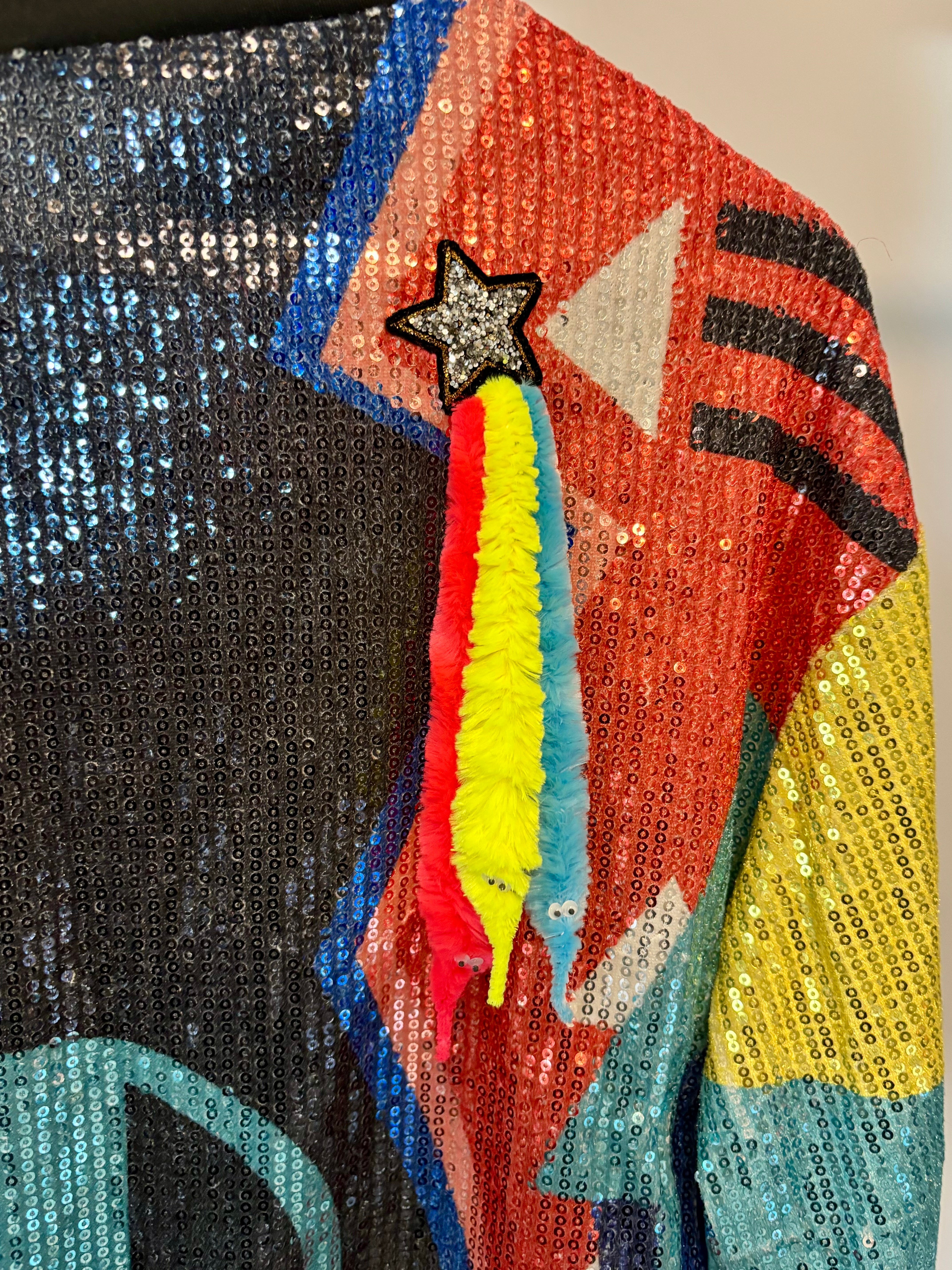 Sequin Bomber with added Stars & Worms on a String Fringe
