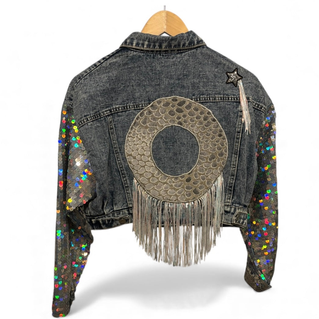 Meiyige Cropped Funky Bitch Denim Jacket with Sequin Sleeves