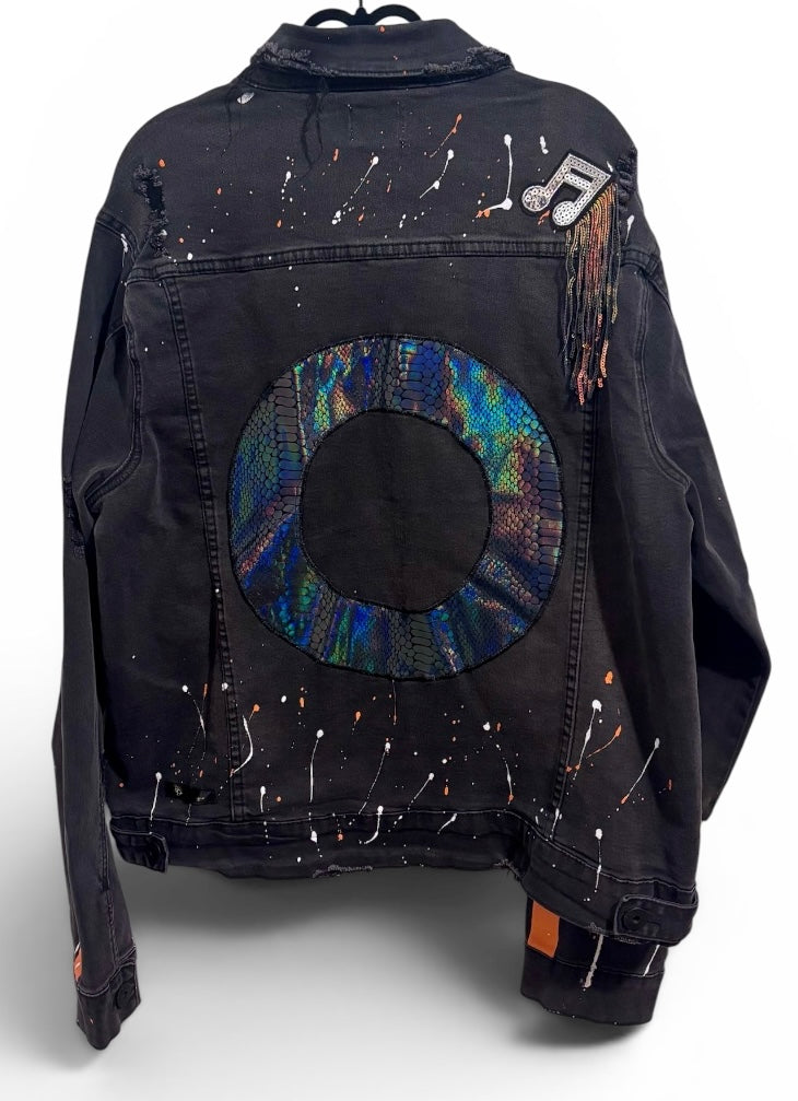 Tangerine Light Beams KDNK Men’s Denim Jacket with Paint Splatters