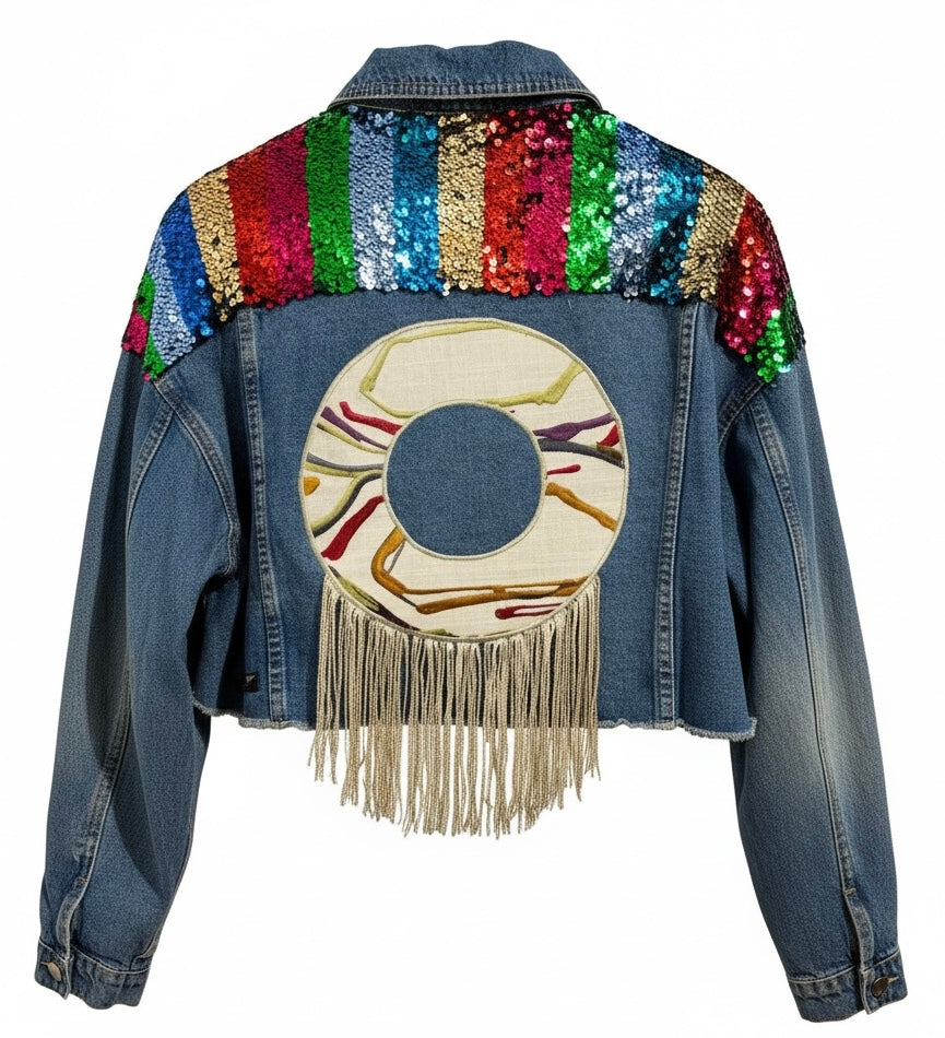 Little Wing Sequin Signature 8 Cropped Denim Jacket