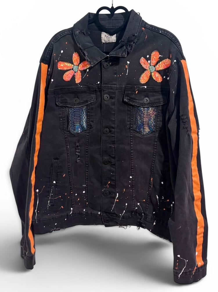 Tangerine Light Beams KDNK Men’s Denim Jacket with Paint Splatters