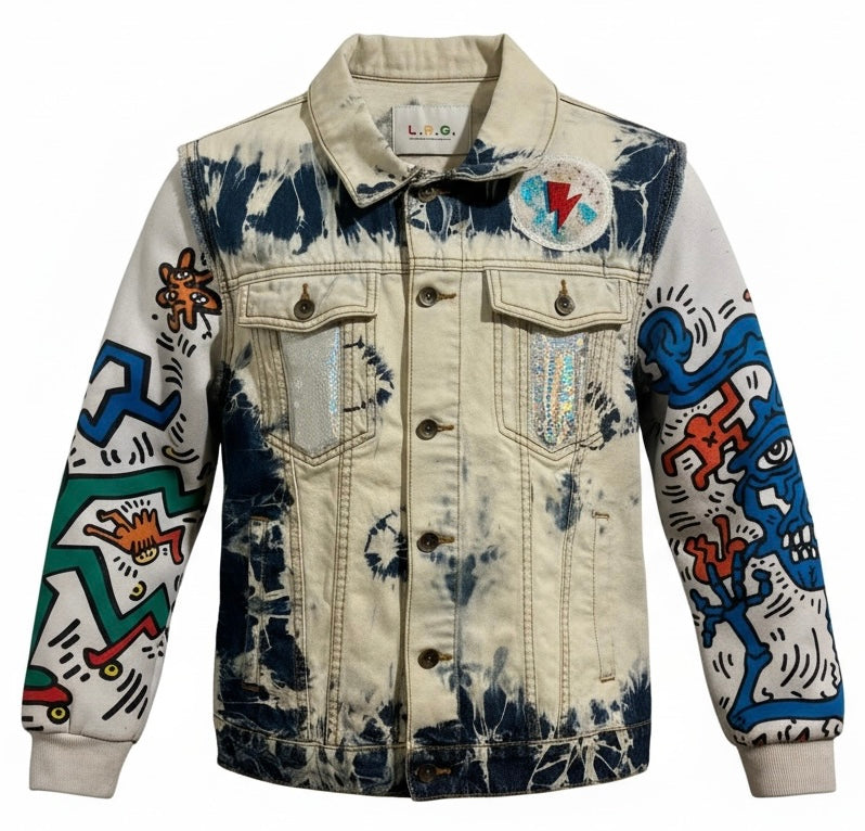 Just Changing Shapes Men’s L.R.G. Acid Washed Denim Vest with Keith Herring added Sleeves