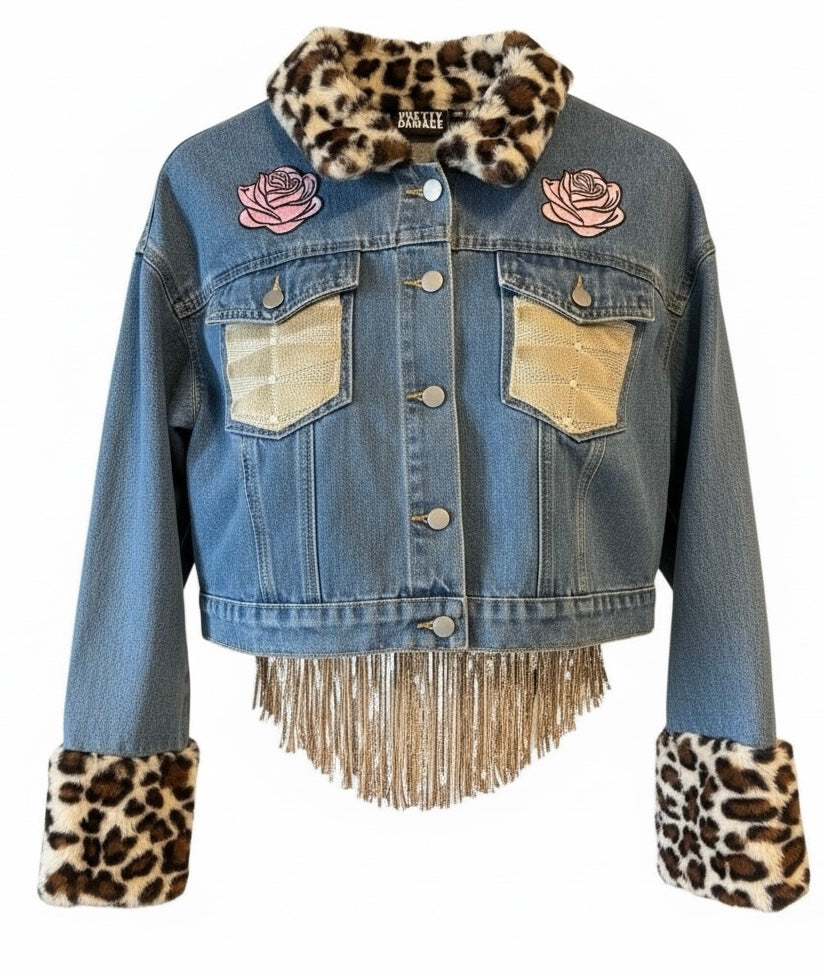 Steal Your Face Right Off Your Head Faux Leopard Fur & Denim Jacket by Pretty Damage