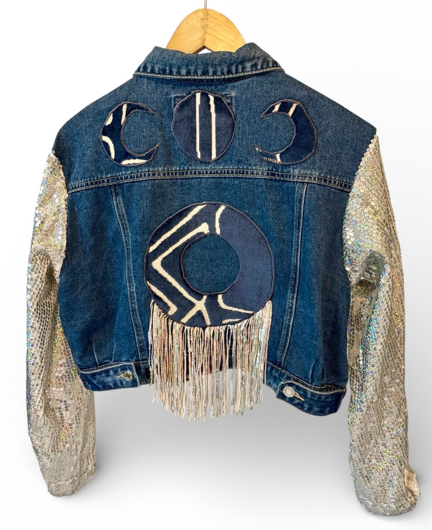 Halfway to the Moon Denim Blvd Cropped Jacket with Sequin Sleeves