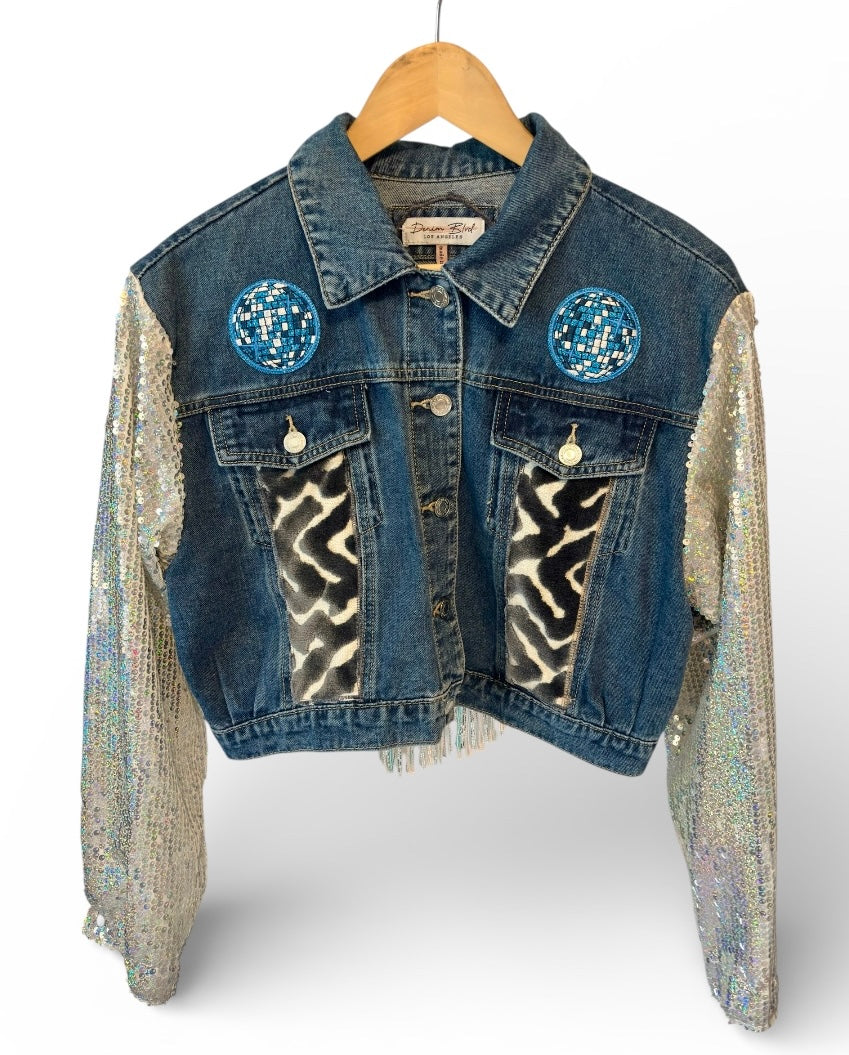 Halfway to the Moon Denim Blvd Cropped Jacket with Sequin Sleeves
