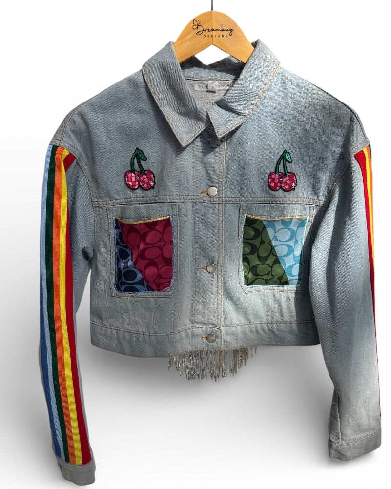 Cherry Disco Bomb Honey Punch Cropped Denim Jacket with Rainbow Sleeves