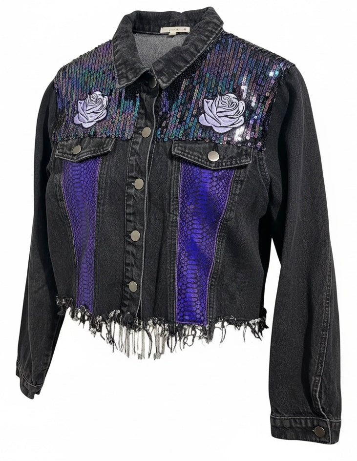 Purple Rain On Me Le Lis Black Denim Jacket with Sequins