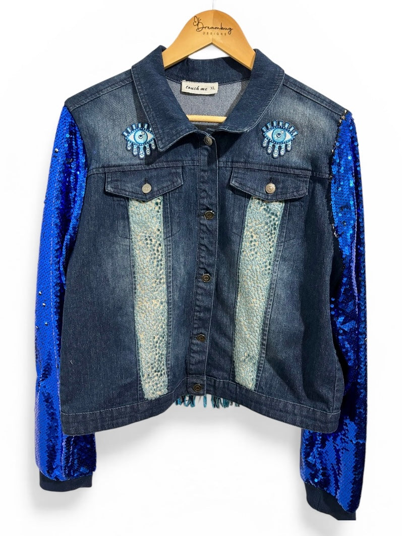 Blue Splinter & Glow Touch Me Denim Jacket with Sequin Sleeves