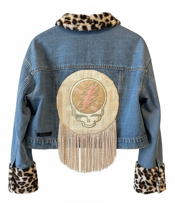 Steal Your Face Right Off Your Head Faux Leopard Fur & Denim Jacket by Pretty Damage