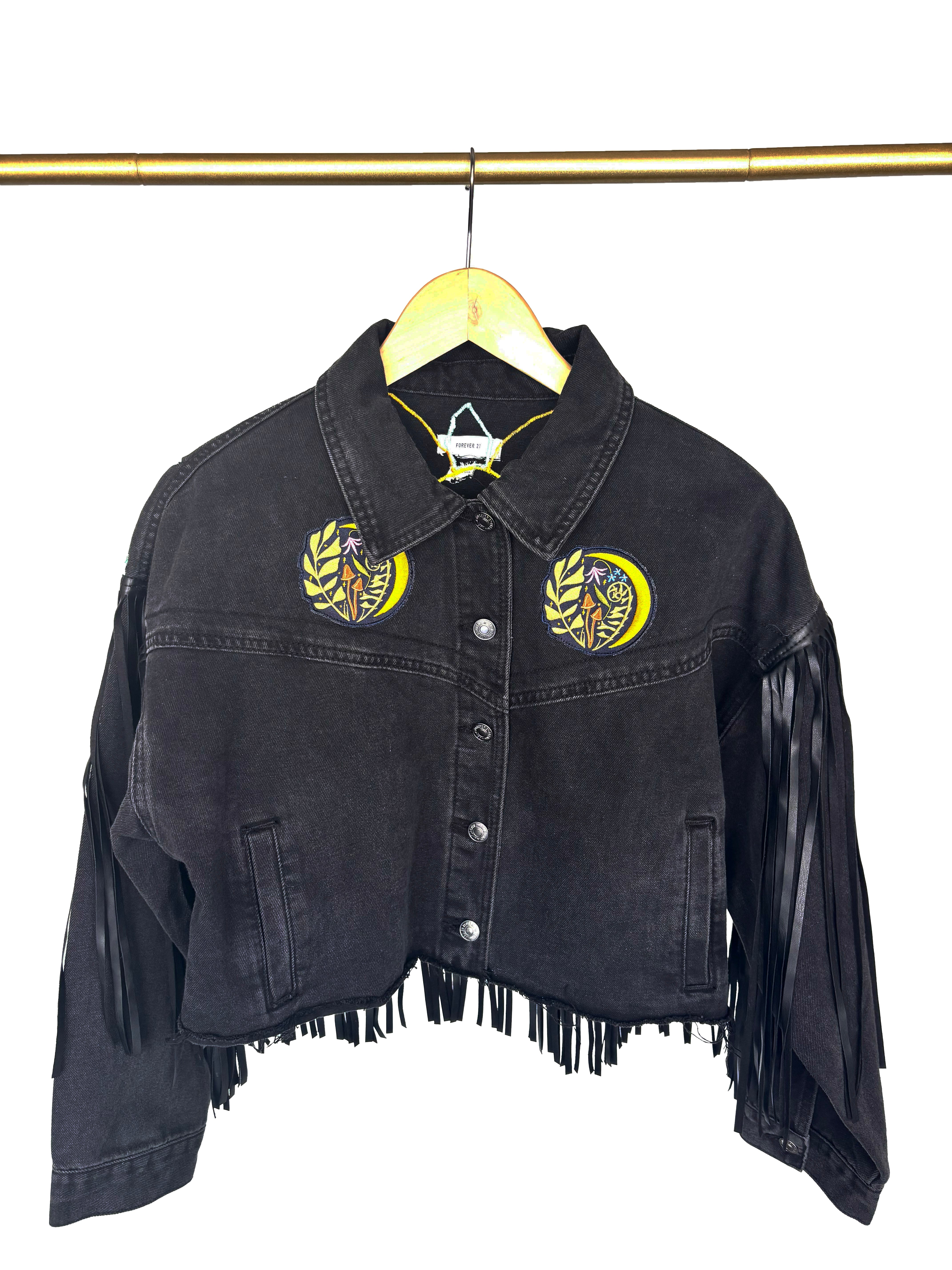 You Can Buy Yourself Flowers Forever 21 Cropped Black Denim Jacket with Fringe & Pockets