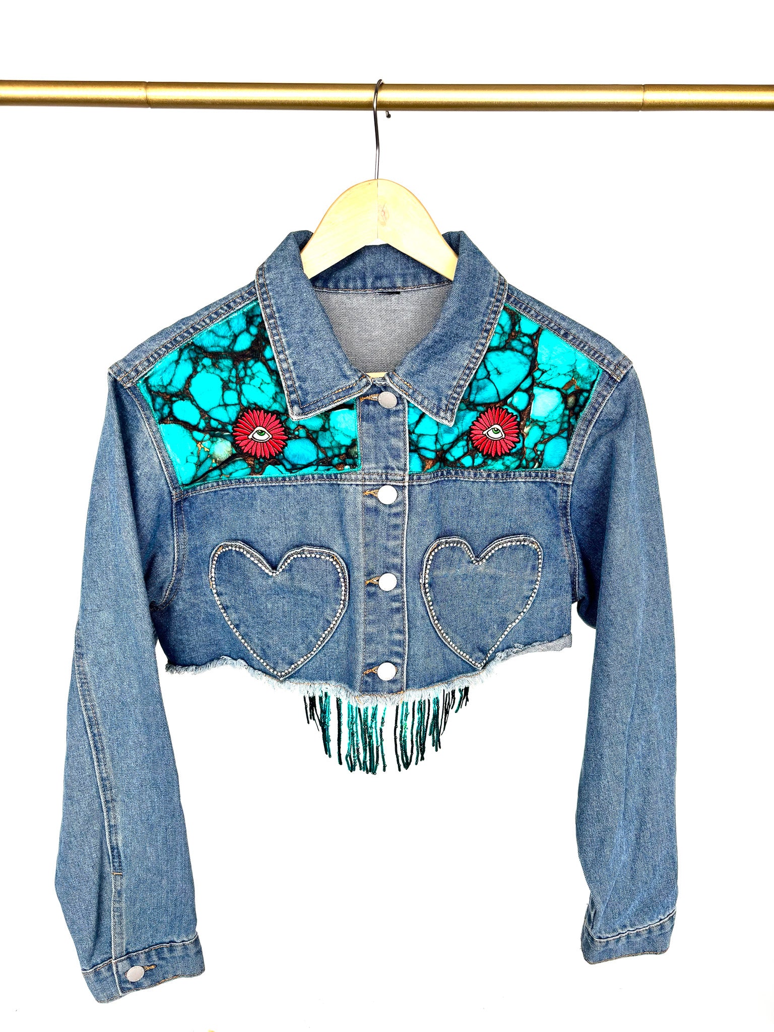 Billy Strings Upcycyled Cropped Denim Jacket with Rhinestone Heart Pockets