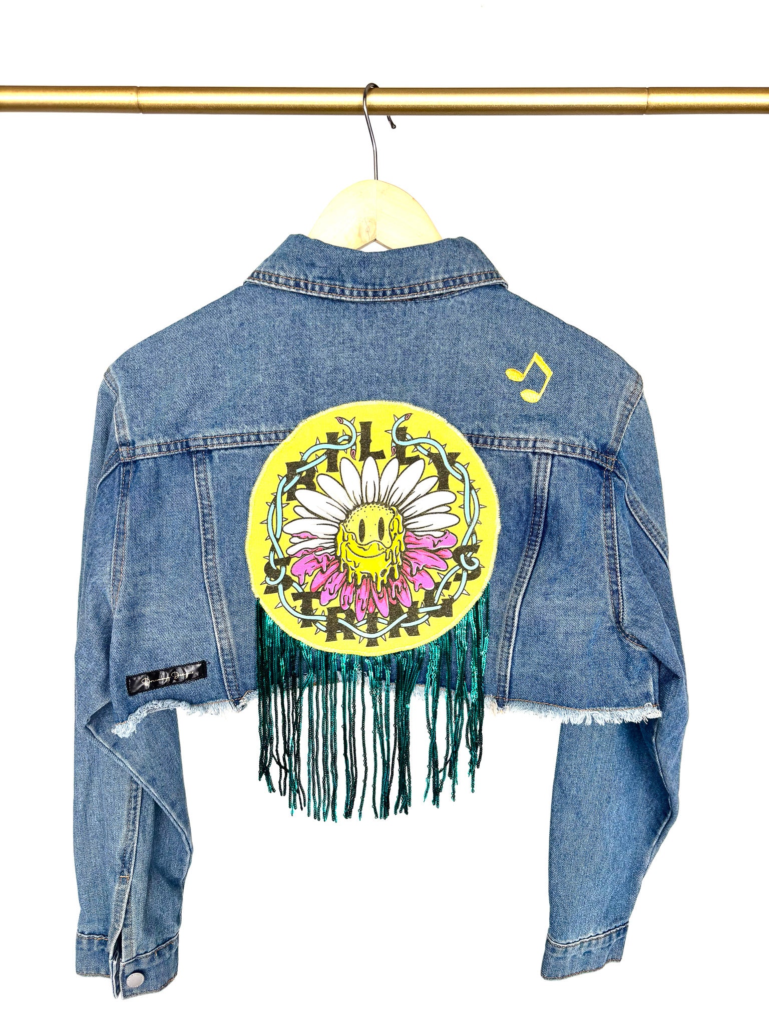 Billy Strings Upcycyled Cropped Denim Jacket with Rhinestone Heart Pockets