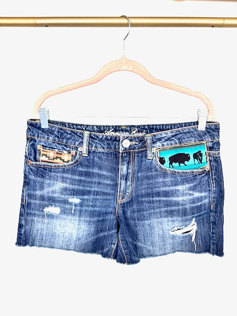 American Eagle Red Daisy Denim Shorts