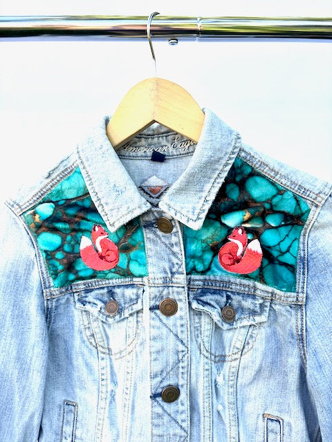 Mushroom & Moon Inspired American Eagle Denim Jacket with Embroidery