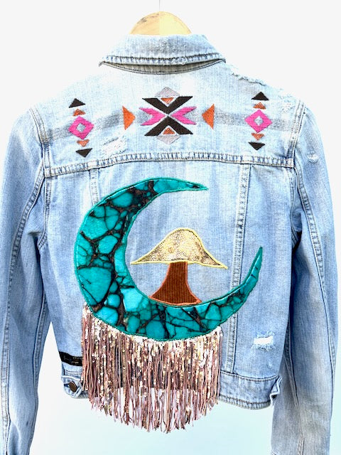 Mushroom & Moon Inspired American Eagle Denim Jacket with Embroidery