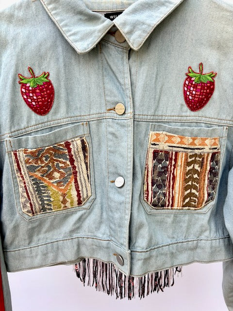 Grateful Dead Inspired Forever 21 Denim Jacket with Rainbow Striped Sleeves