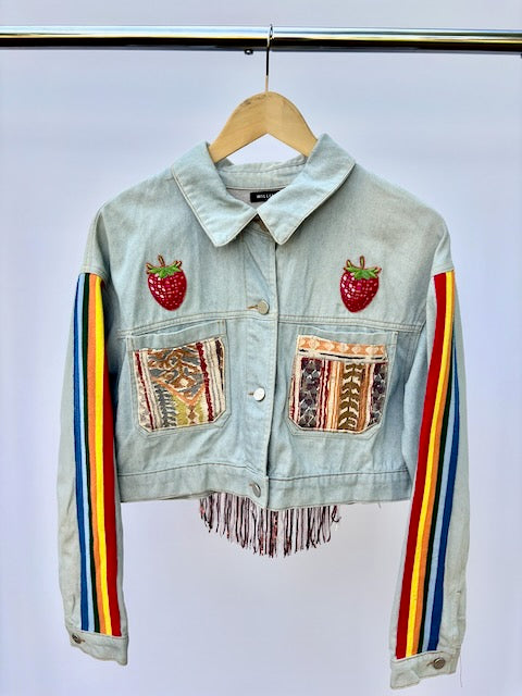 Grateful Dead Inspired Forever 21 Denim Jacket with Rainbow Striped Sleeves